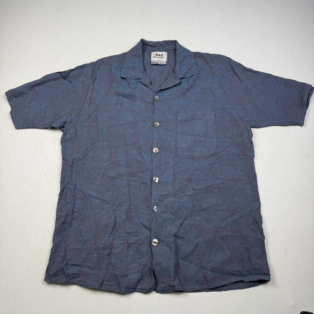 FLAX Shirt Mens Medium Blue Linen Short Sleeve Button Front Pocket Top Casual